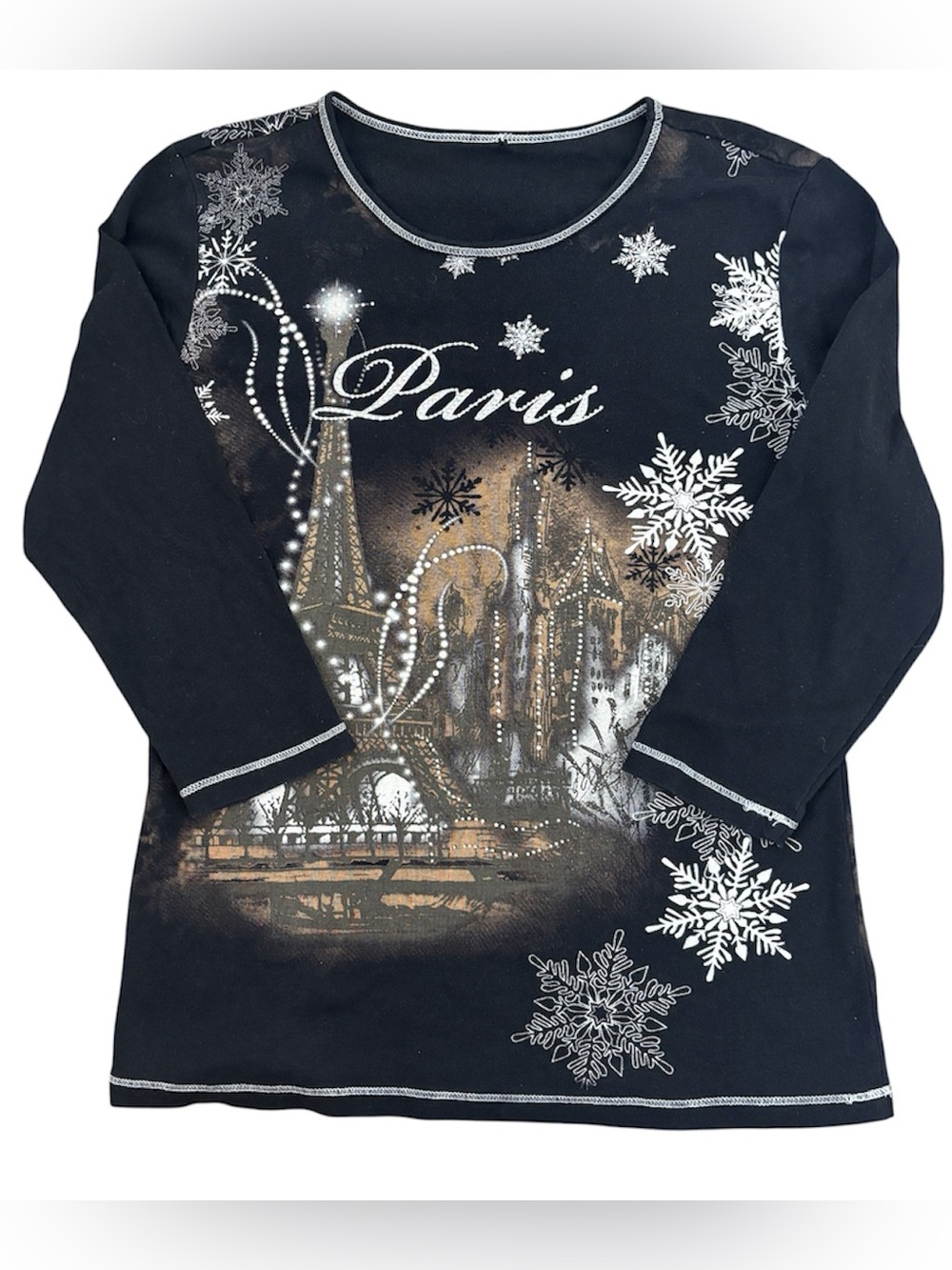 Blue Canyon Y2K Paris Black Eiffel Tower Graphic Tee Bling Quarter Sleeve Large